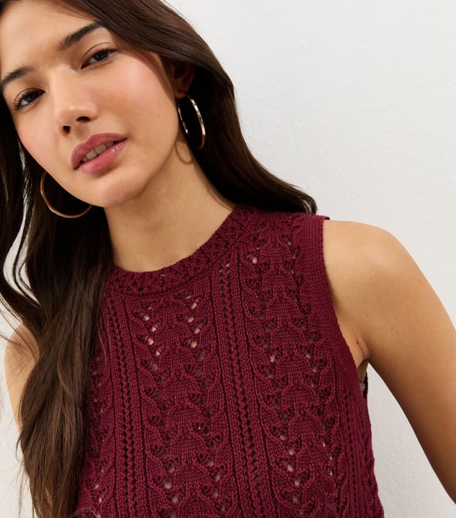 New Look Women's Dark Burgundy Cotton Rich Scallop Hem Pointelle Knitted Vest New Look - 2