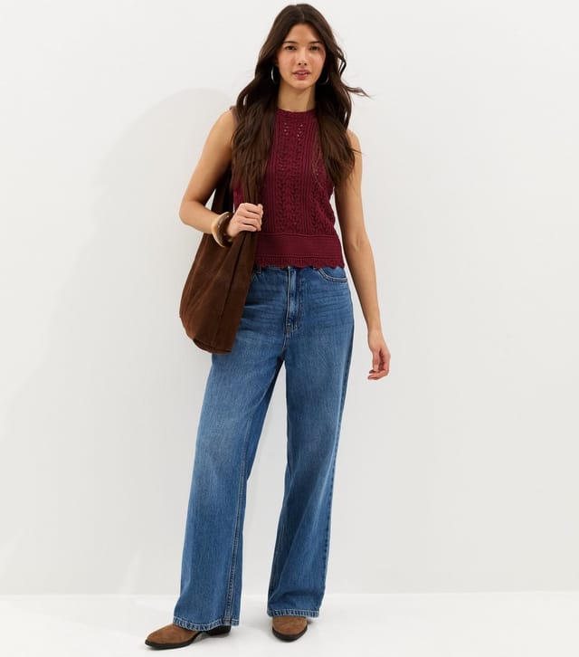 New Look Women's Dark Burgundy Cotton Rich Scallop Hem Pointelle Knitted Vest New Look - 3