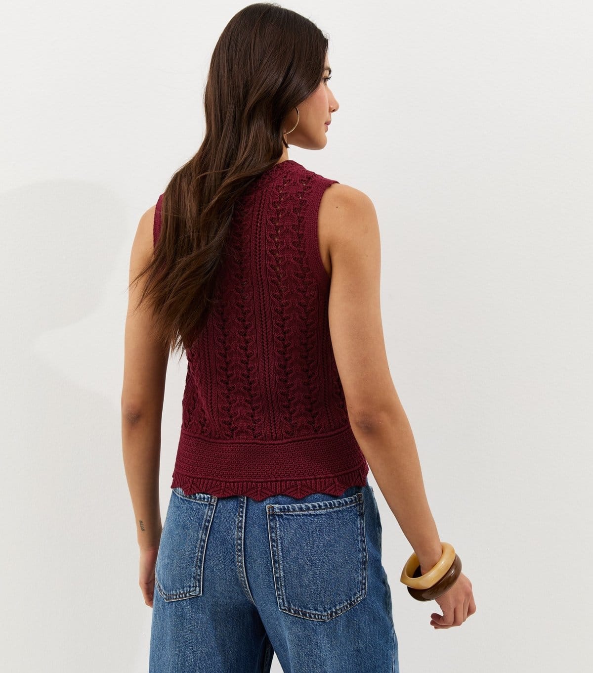 New Look Women's Dark Burgundy Cotton Rich Scallop Hem Pointelle Knitted Vest New Look - 4