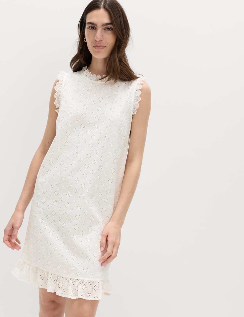 Marks & Spencer M&S Pure Cotton Broderie Mini Shift Dress Soft White - 1