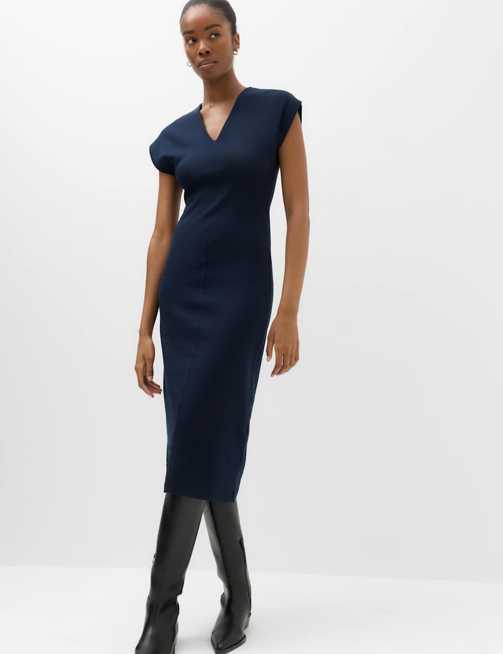 Marks & Spencer M&S Cotton Rich V-Neck Midi Column Dress Navy