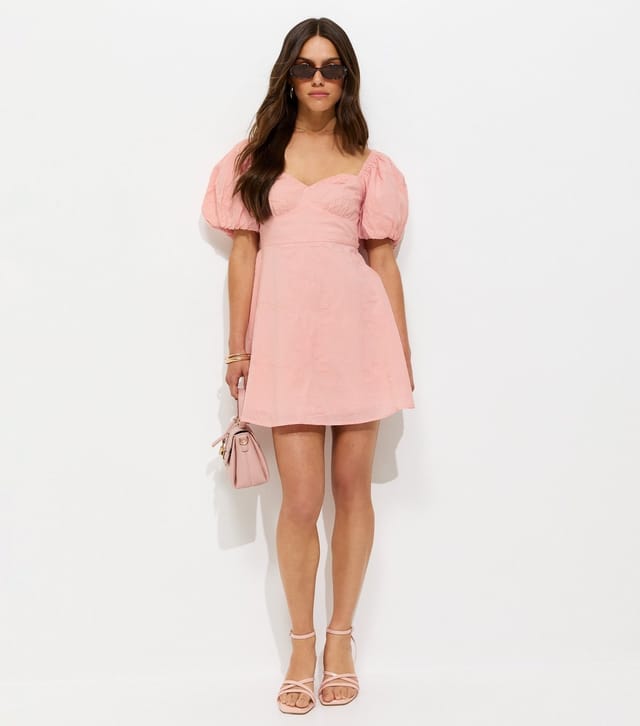 New Look Women's Petite Light Pink Floral Embroidery Puff Sleeve Mini Dress New Look - 3