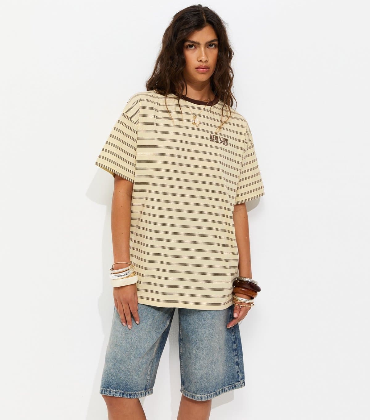 New Look Women's Yellow Cotton Striped New York Oversized T-Shirt New Look