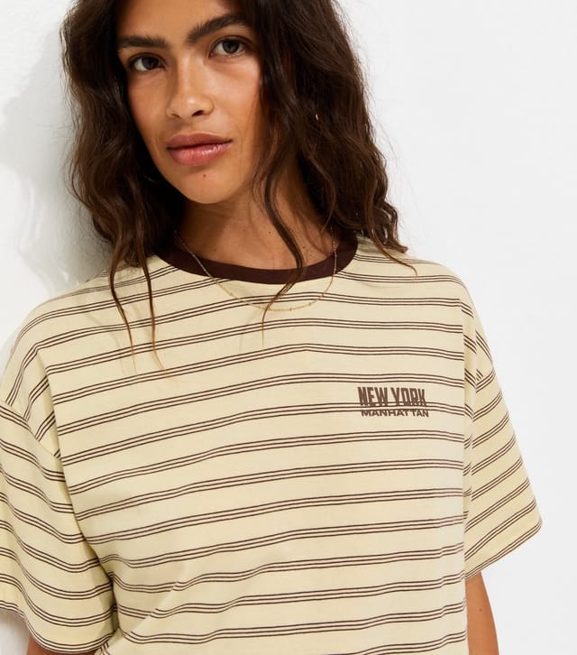 New Look Women's Yellow Cotton Striped New York Oversized T-Shirt New Look - 2