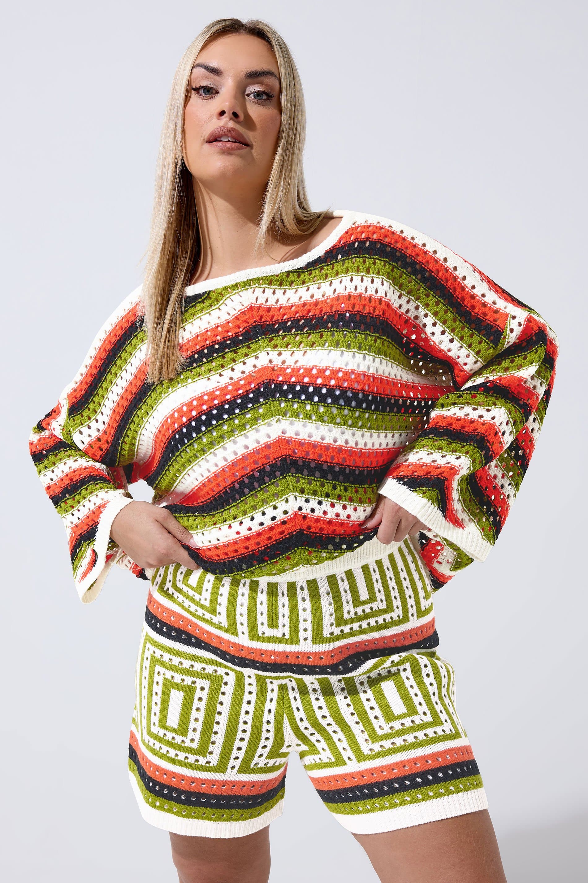 Limited Collection Plus Size Ivory White & Green Stripe Crochet Shorts