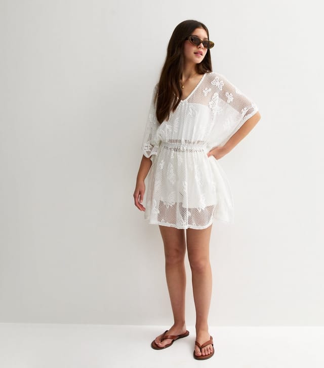 New Look Girls' White Butterfly Crochet Kaftan Mini Dress New Look - 2