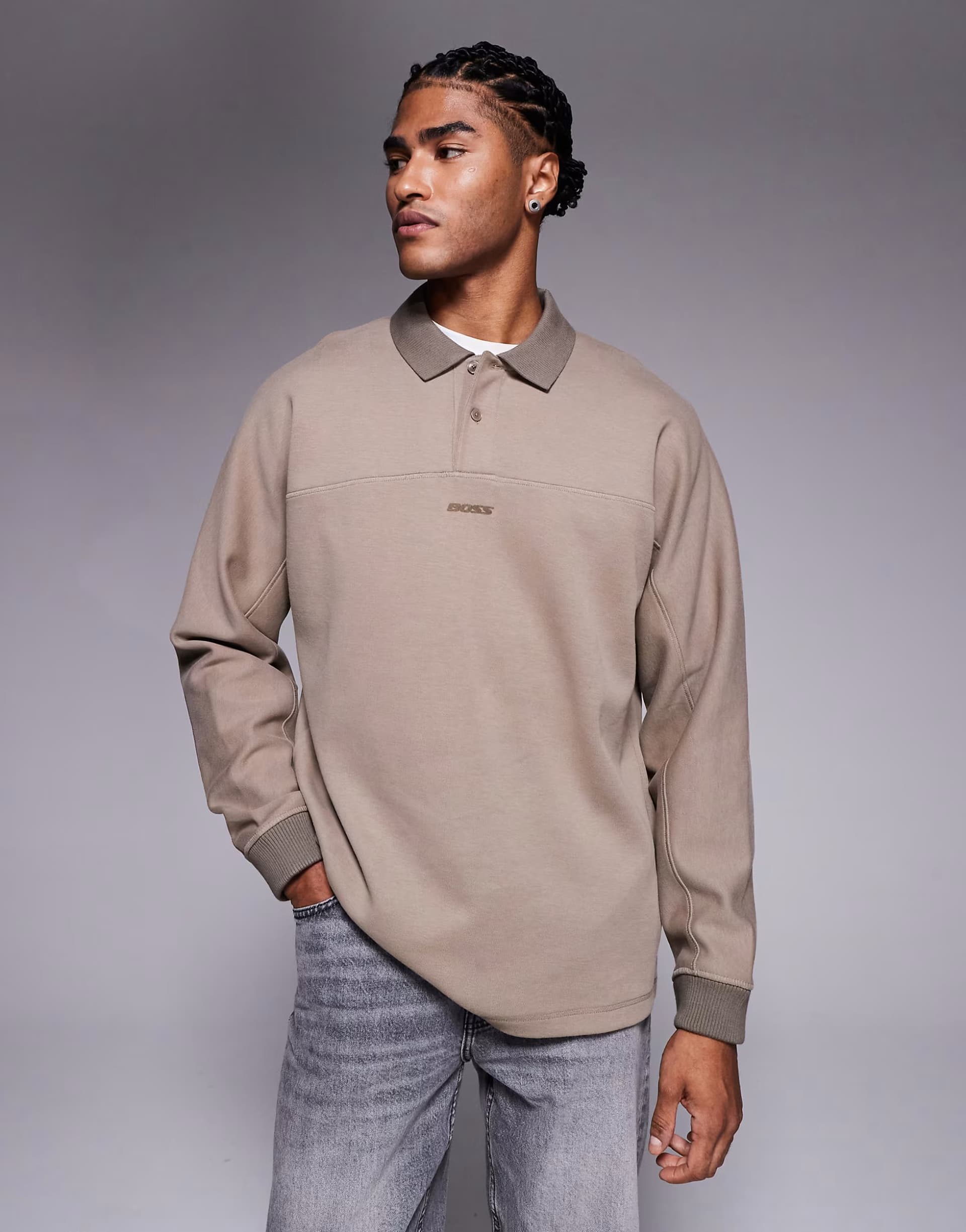 ASOS Boss Orange relaxed fit central logo heavyweight polo shirt in dark beige