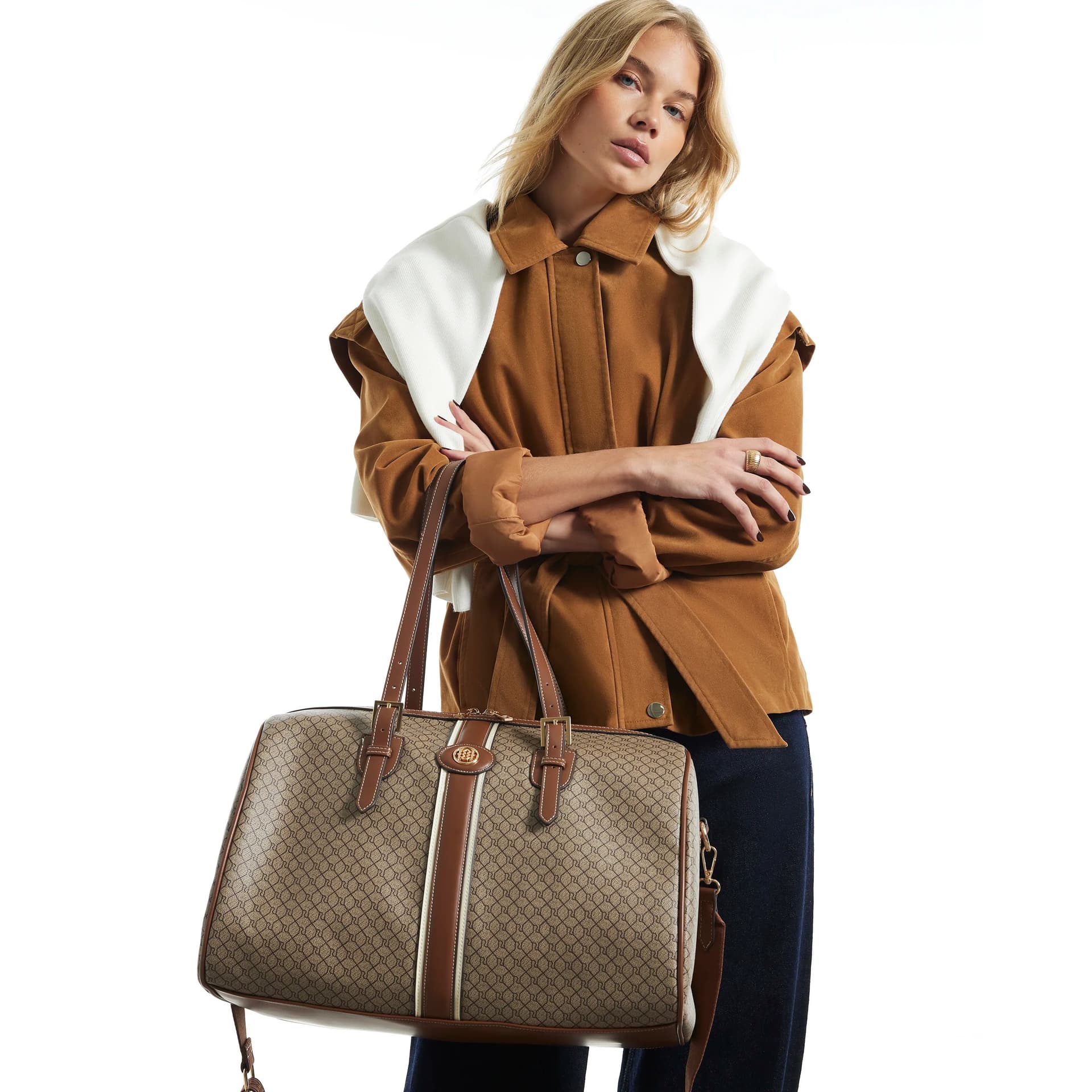 River Island River Island Womens Beige Stripe Front Monogram Barrel Bag