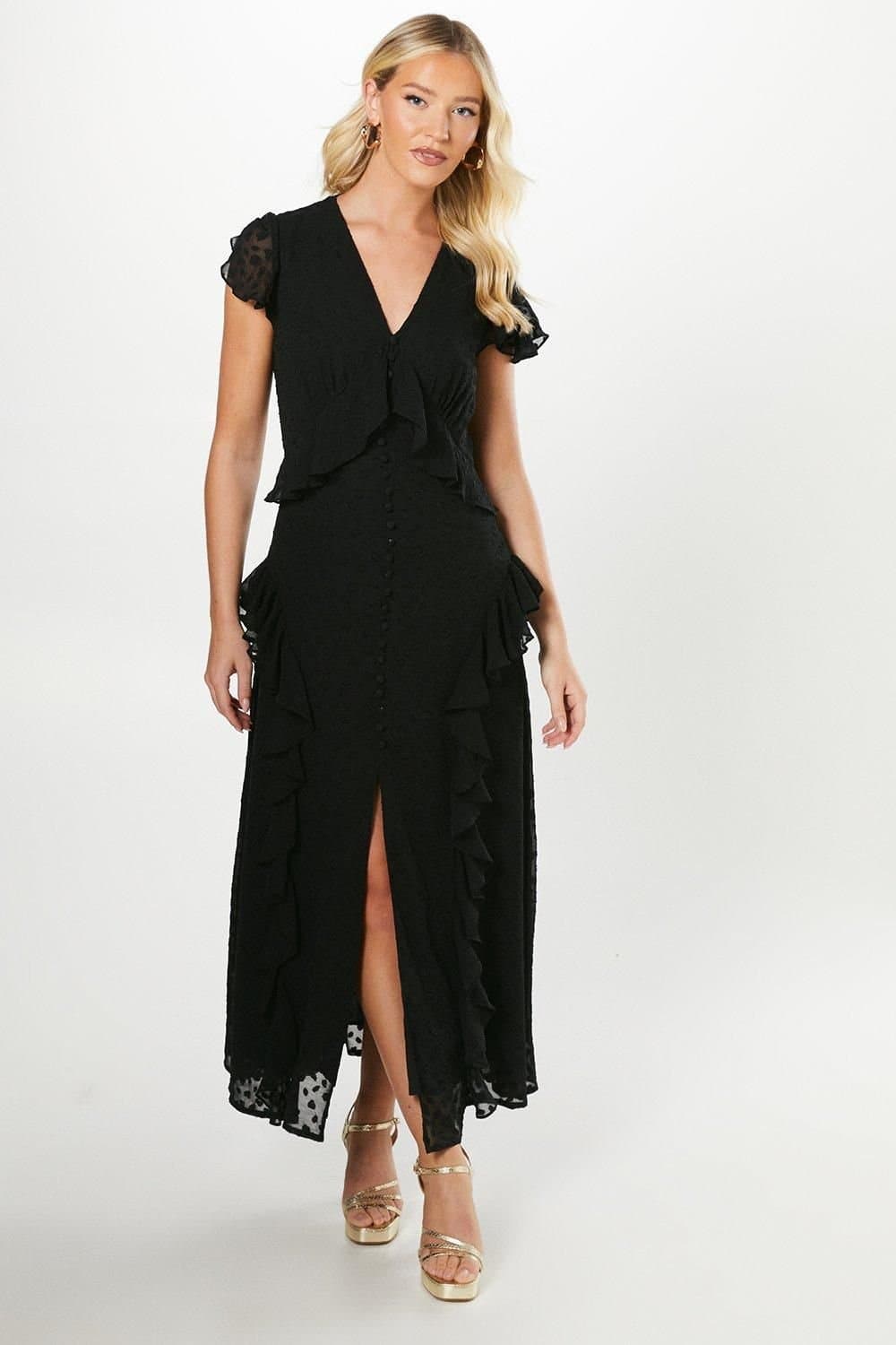 Debut London Debut London Women's By Coast Flutter Sleeve Dobby Mesh Button Through Midi Dress in Black