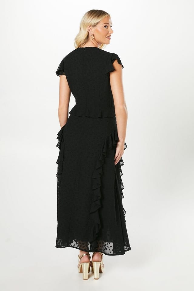 Debut London Debut London Women's By Coast Flutter Sleeve Dobby Mesh Button Through Midi Dress in Black - 3