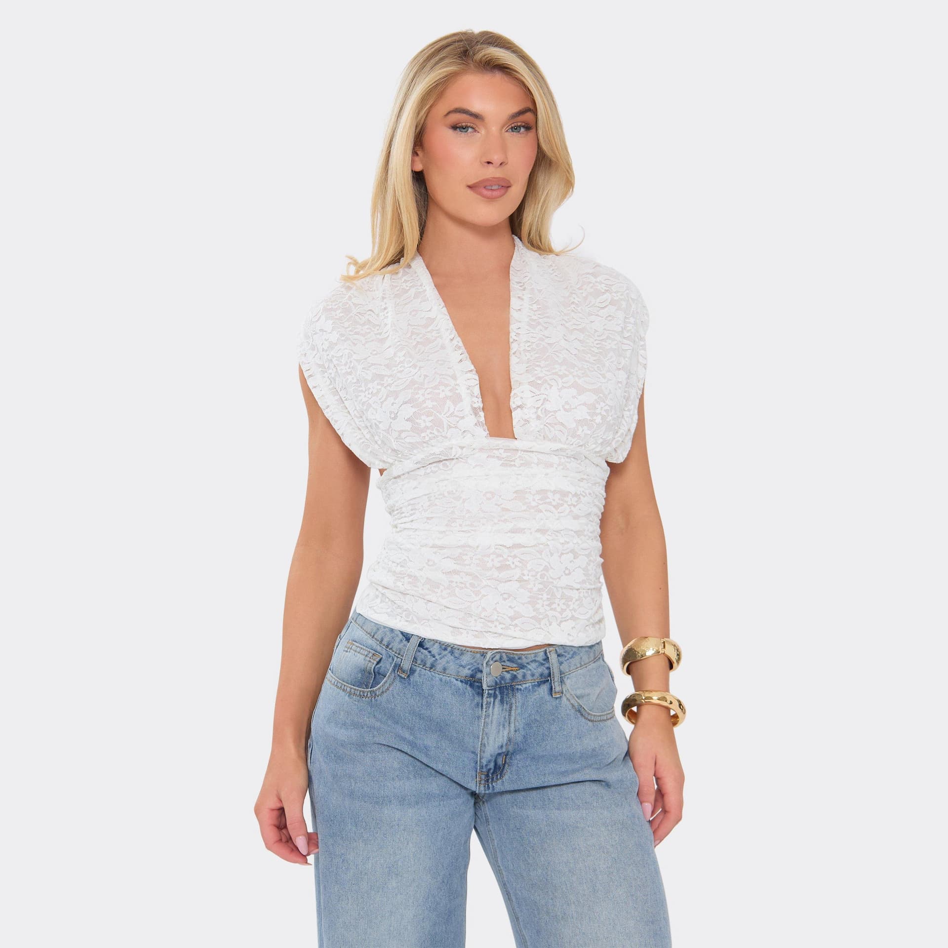 EGO Short Sleeve Plunge Front Tie Back Detail Top In White Lace, Women's Size UK 6