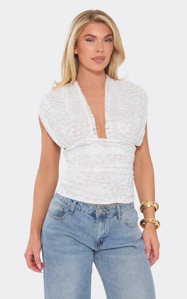 EGO Short Sleeve Plunge Front Tie Back Detail Top In White Lace, Women's Size UK 6 - 2