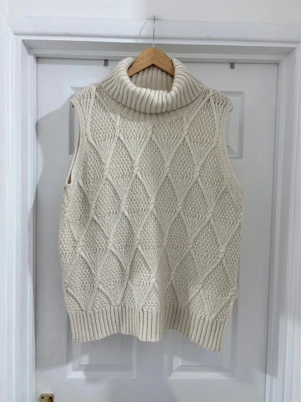 Per Una M&S Cream Roll Neck Argyle Knit Oversized Sweater Vest
