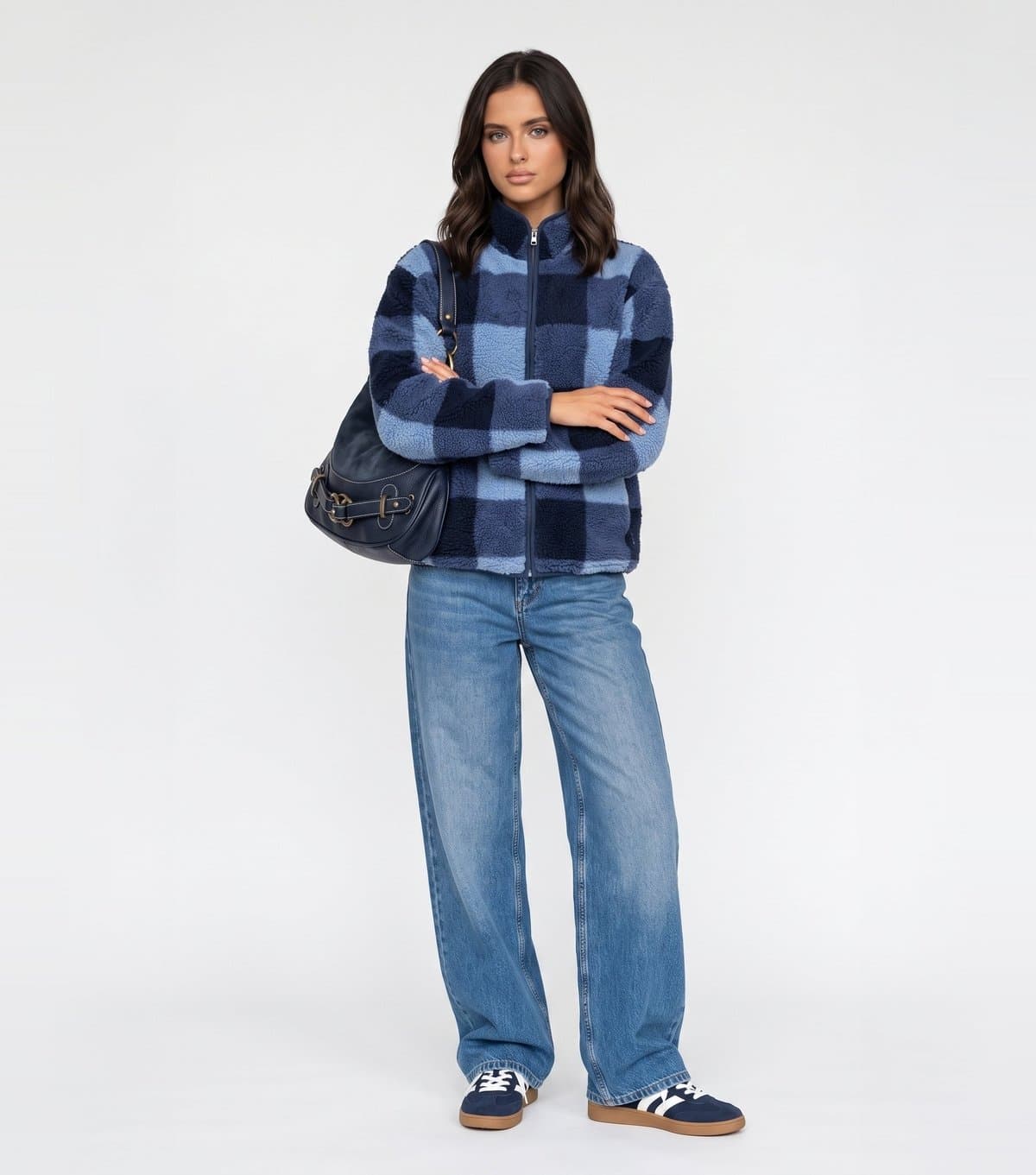 Urban Bliss Women's Navy Checked Borg Texture Jacket Urban Bliss New Look