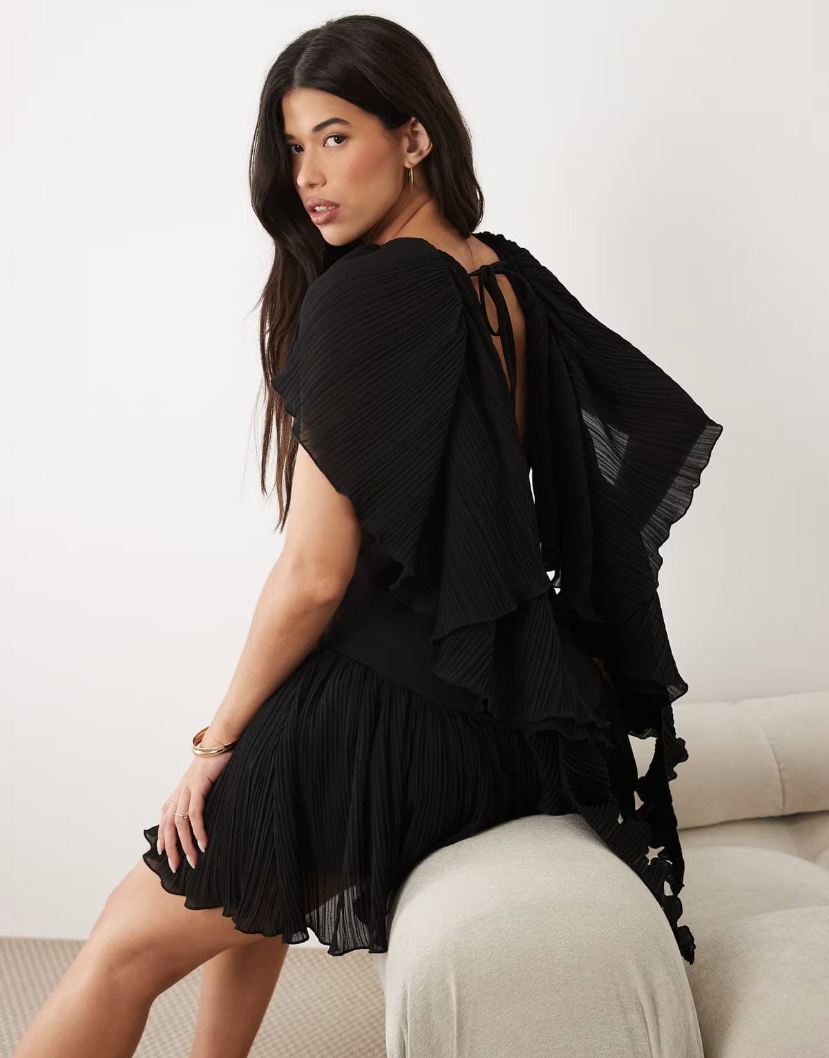 ASOS ASOS LUXE pleated shoulder drape structured mini dress with frill skirt in black - 1