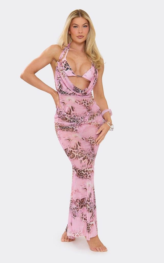EGO Cowl Front Beach Maxi Dress In Pink Leopard Print, Women's Size UK 6 - 2