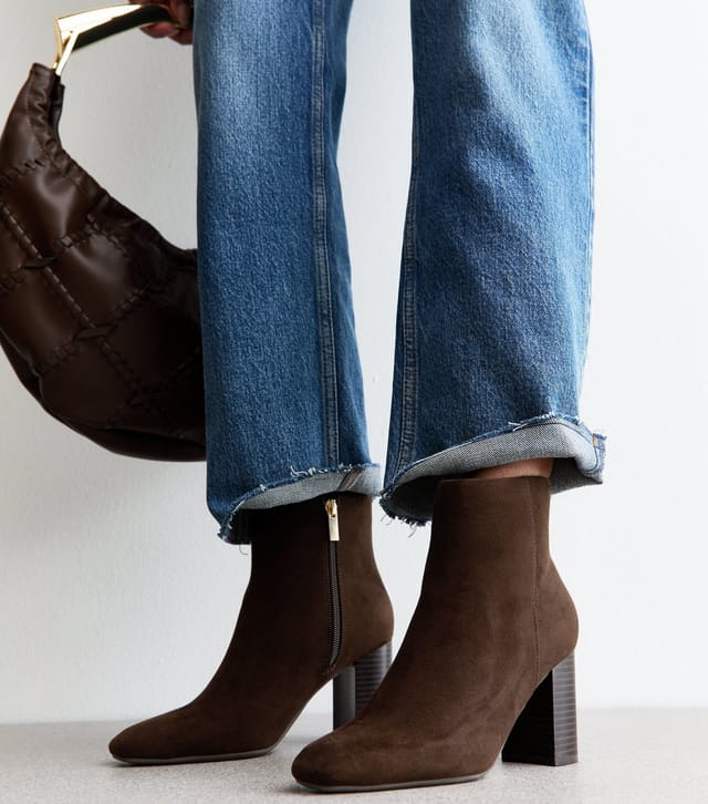 New Look Women's Brown Faux Suede Block Heel Ankle Boots Vegan New Look - 2