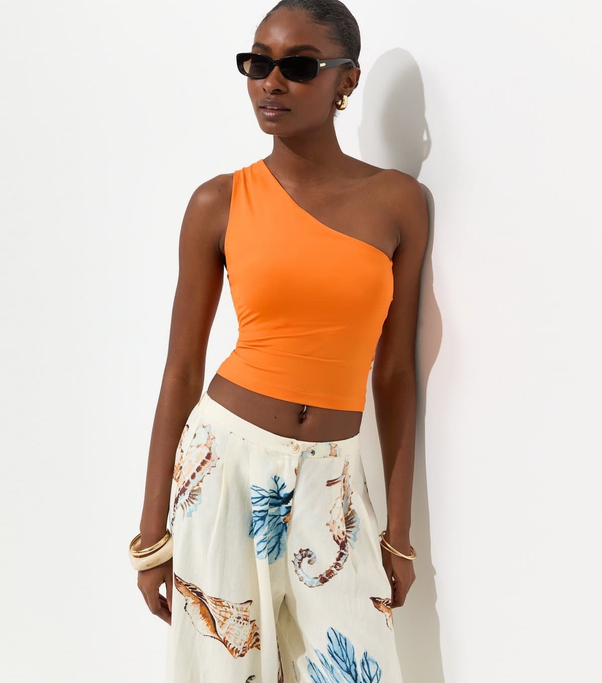 New Look Women's Bright Orange Slinky One Shoulder Top New Look