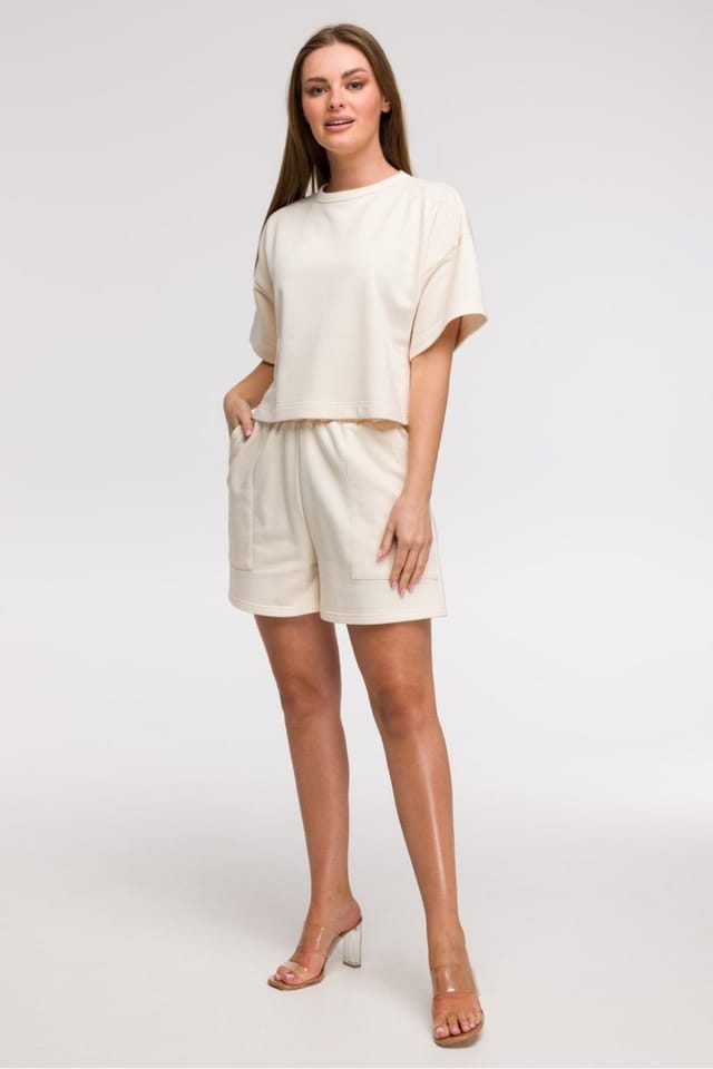 Love Lace Love Lace Women's Loose Cropped Blouse Short Wide Sleeves in Beige - 2
