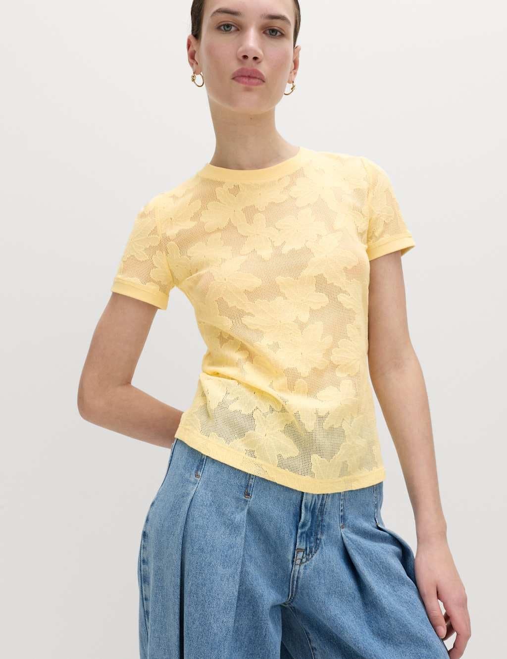 Marks & Spencer M&S Yellow Cotton Blend Floral Lace Top