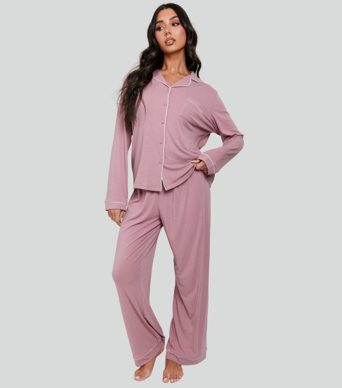 Loungeable Women's Pink Ribbed Shirt and Trousers Pyjama Set Loungeable New Look - 3