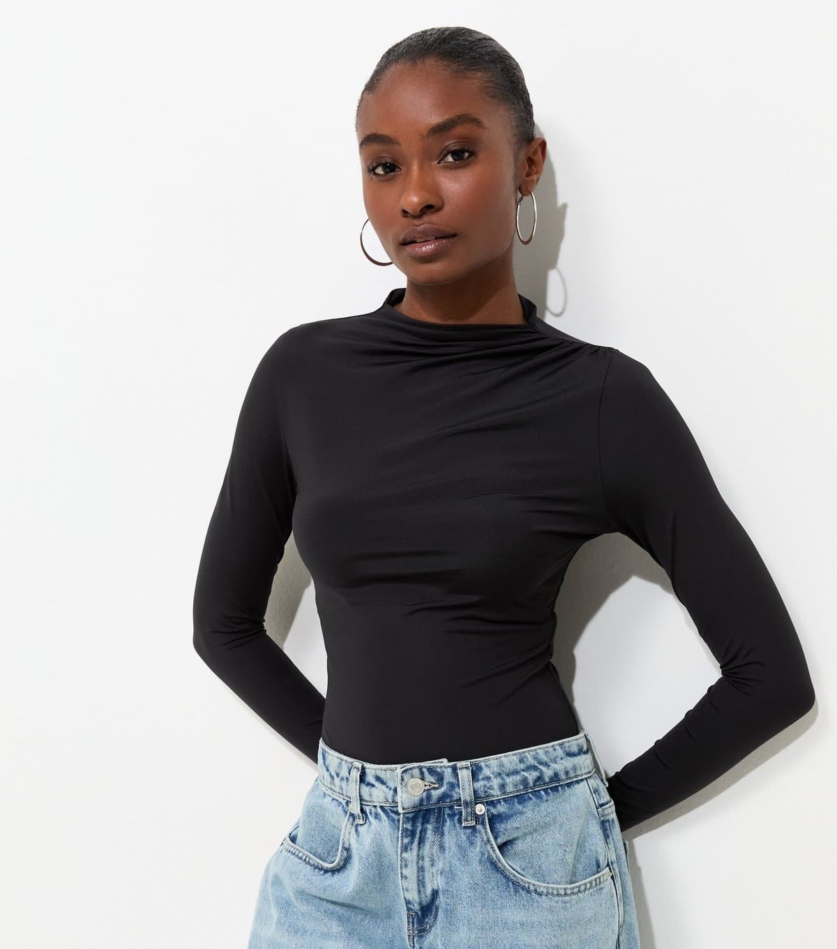 New Look Women's Black Slinky Draped High Neck Long Sleeve Bodysuit New Look