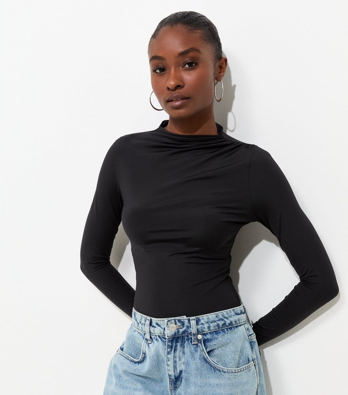 New Look Black Slinky Jersey High Neck Long Sleeve Bodysuit