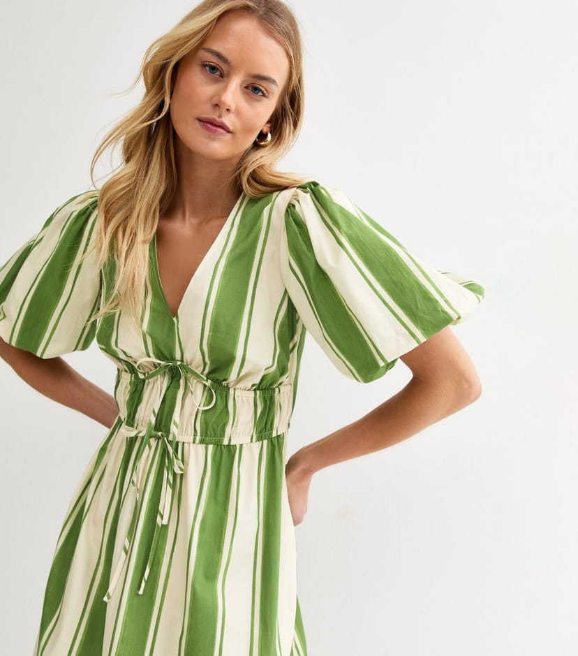 New Look Women's Tall Green Striped Puff Sleeve Midi Dress New Look - 1