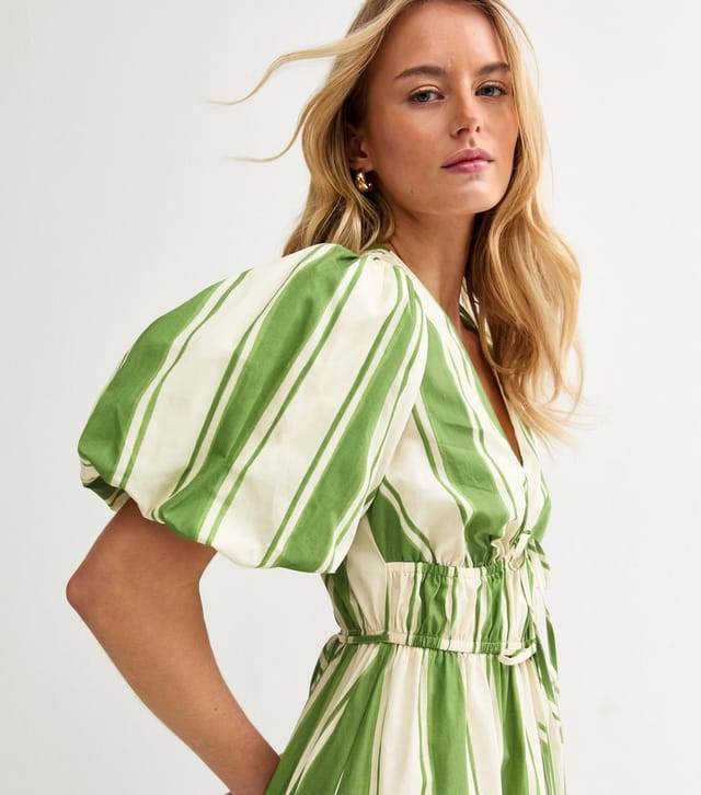 New Look Women's Tall Green Striped Puff Sleeve Midi Dress New Look - 2