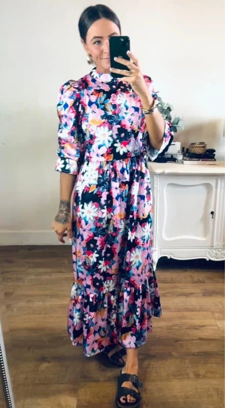 Never Fully Dressed Never fully Dressed pink navy satin floral print midi dress size 8