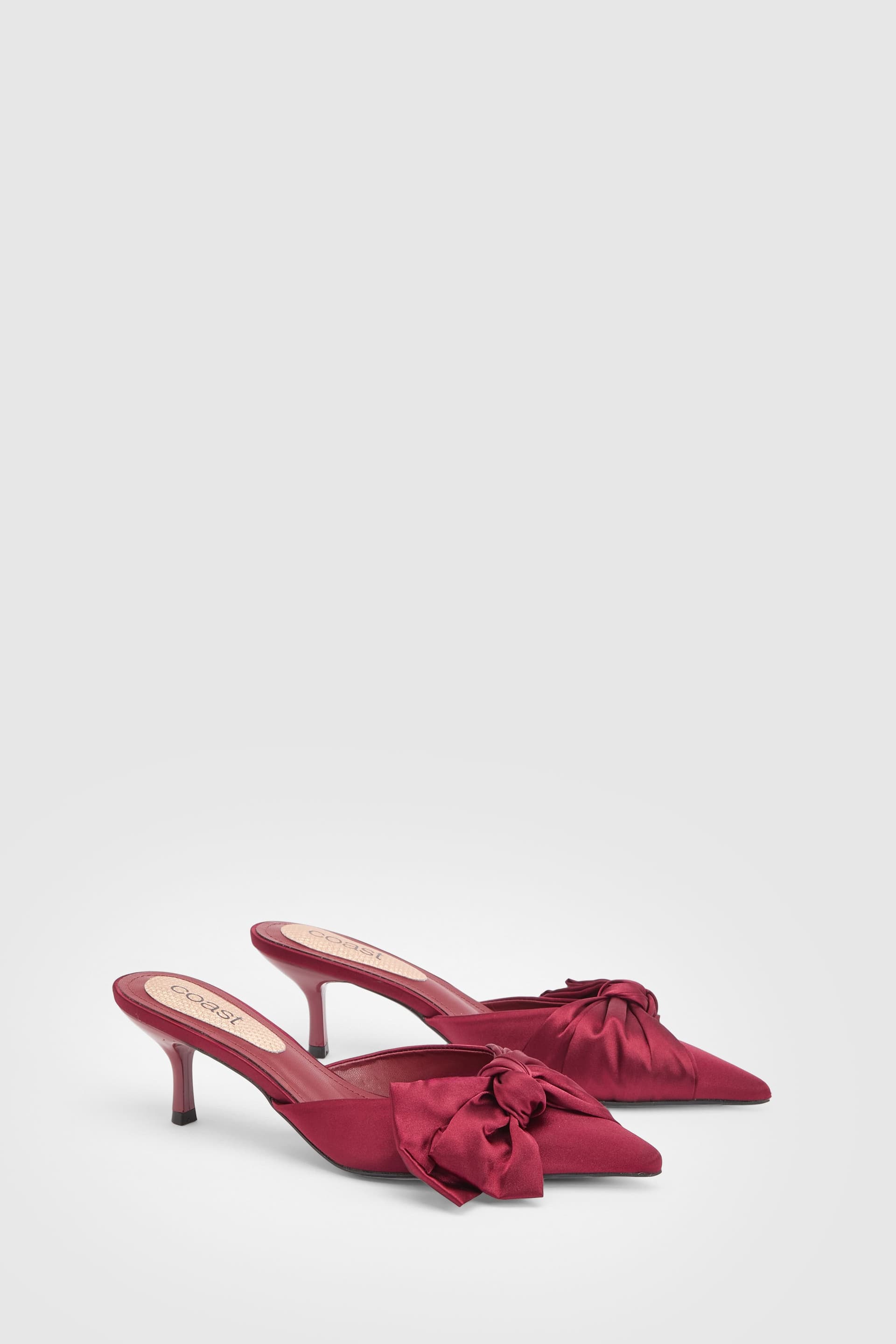 Coast Coast Women's Frieda Satin Bow Detail Low Stiletto Heel Mules in Wine