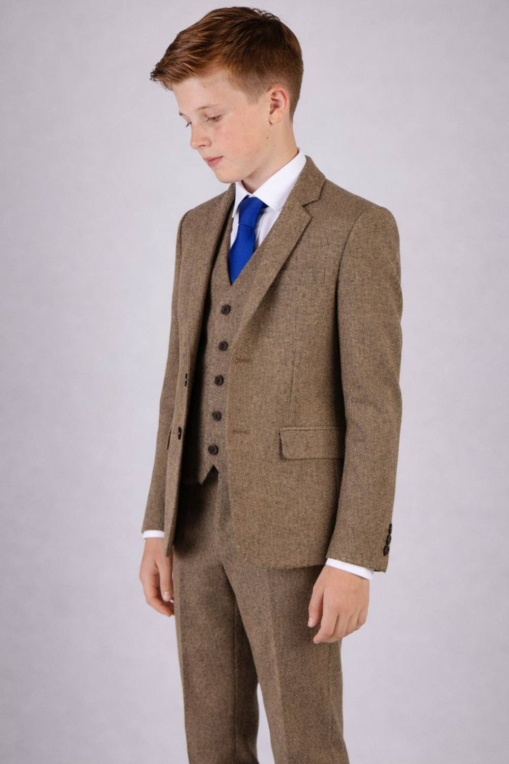 Vivaki Vivaki Men's 5 Piece Light Brown Tweed Suit - 1