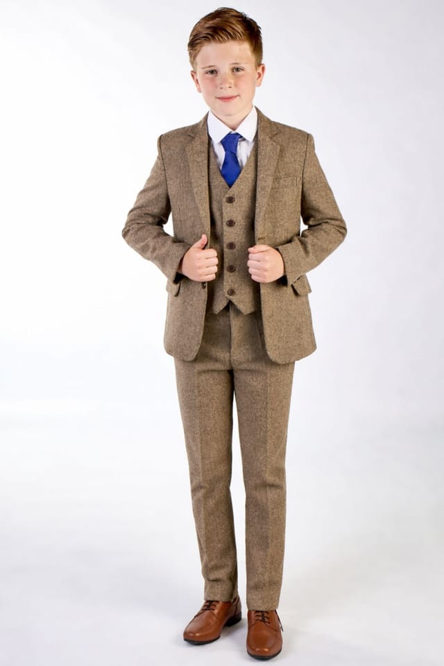 Vivaki Vivaki Men's 5 Piece Light Brown Tweed Suit - 3
