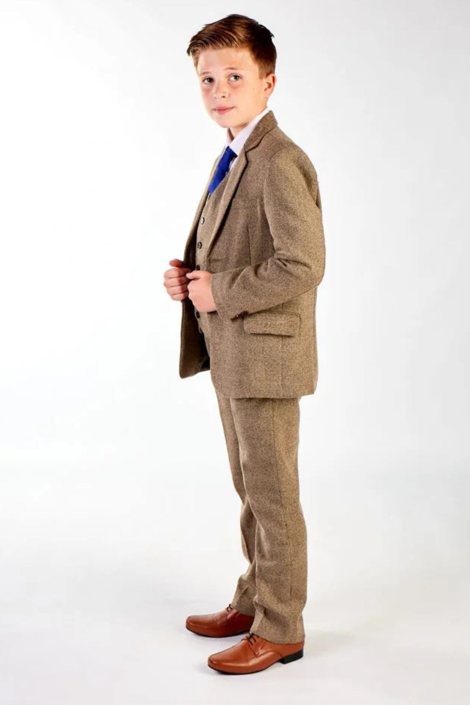 Vivaki Vivaki Men's 5 Piece Light Brown Tweed Suit - 4