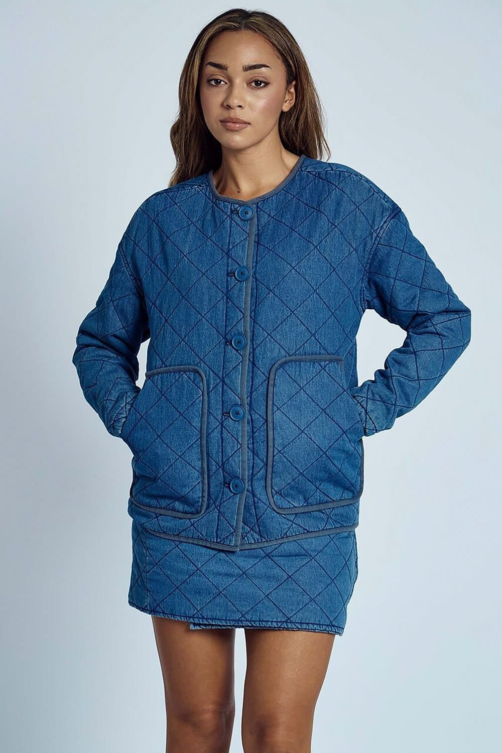 Native Youth Native Youth Women's Denim Diamond-Qulited Round Neck Button Jacket in Blue