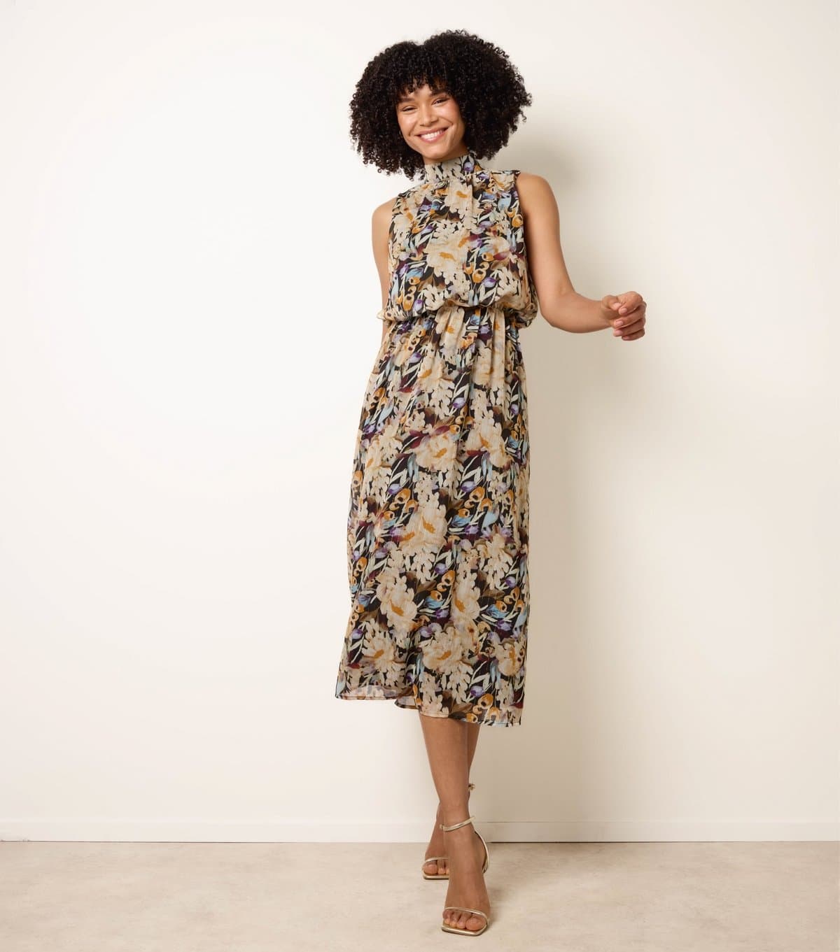 Blue Vanilla Women's Black Floral Print Puffball Waist Midi Dress Blue Vanilla New Look