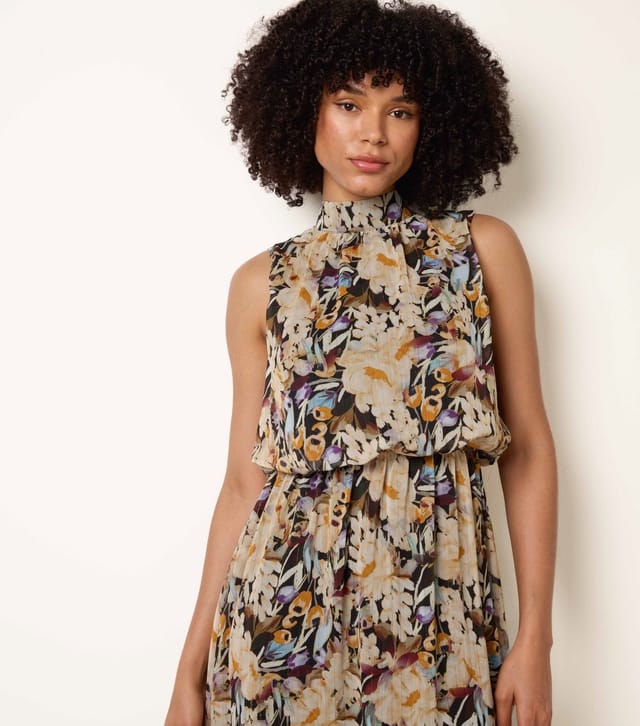 Blue Vanilla Women's Black Floral Print Puffball Waist Midi Dress Blue Vanilla New Look - 2