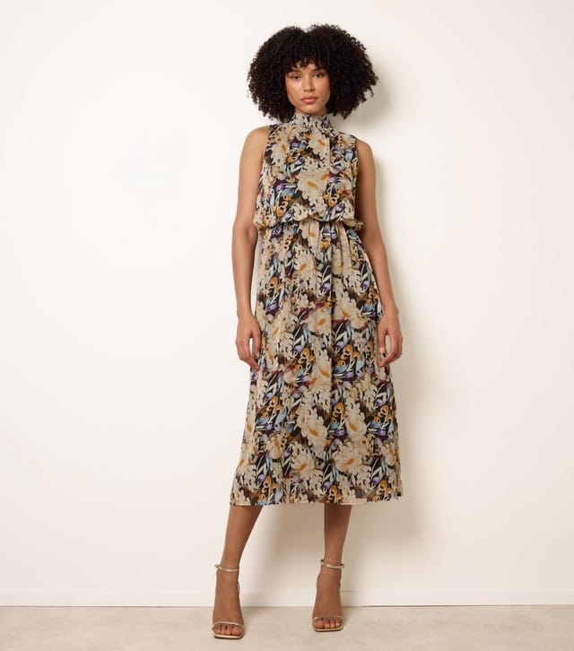Blue Vanilla Women's Black Floral Print Puffball Waist Midi Dress Blue Vanilla New Look - 3