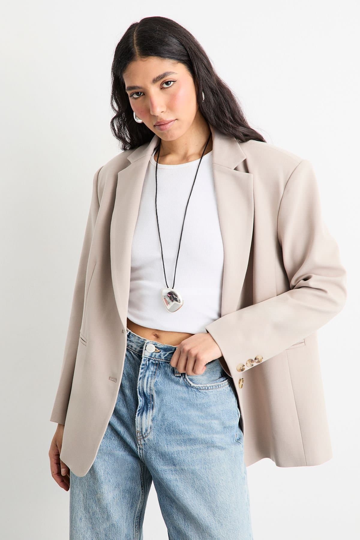 Warehouse Warehouse Women's Oversized Single Breasted Blazer in Stone