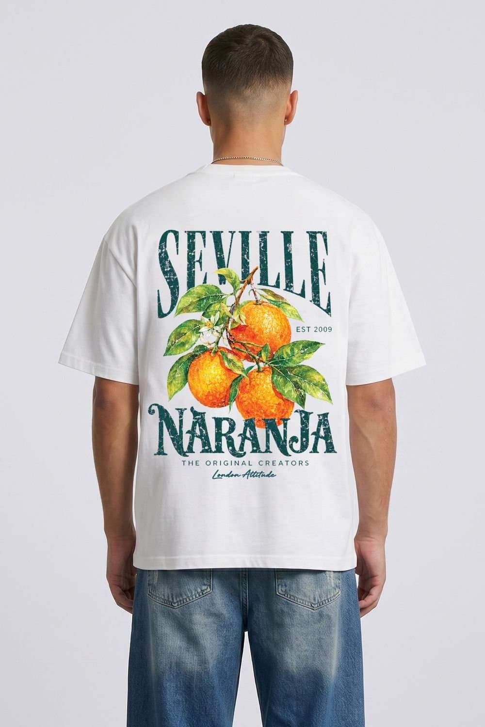 LONDON ATTITUDE LONDON ATTITUDE Men's White Oversized Seville Orange Printed T-Shirt
