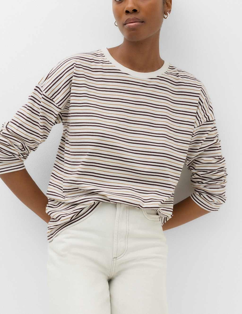 M&S Ivory Mix Striped Cotton Long-Sleeve Top