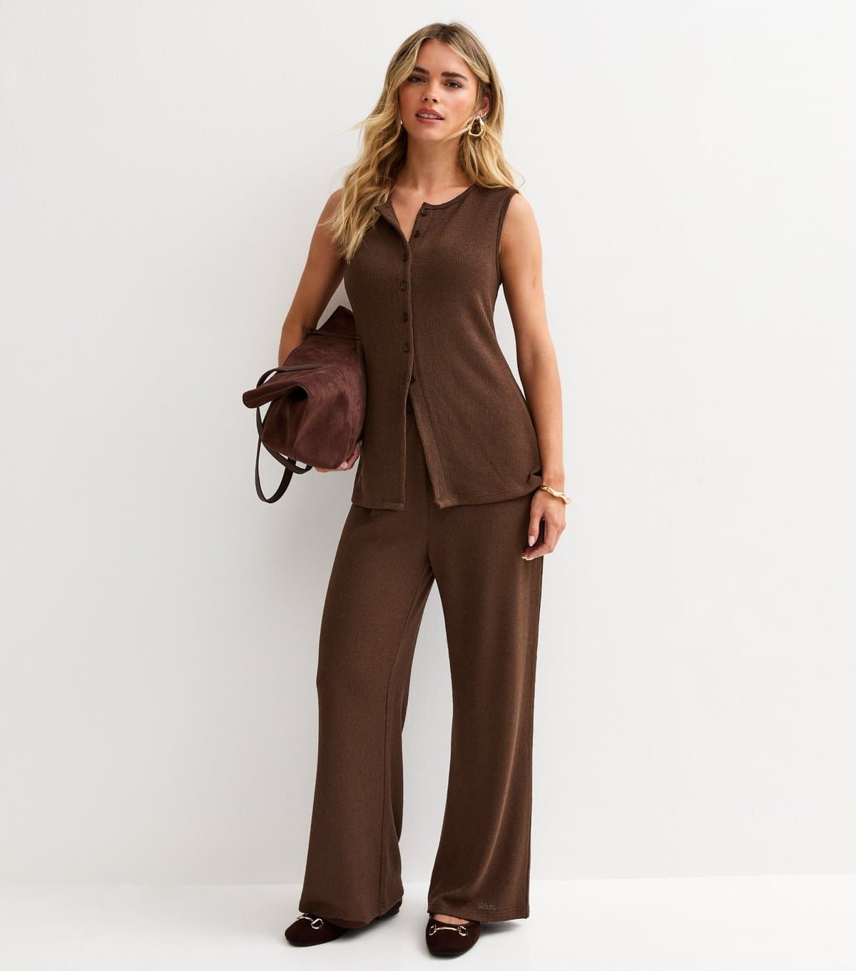 New Look Women's Petite Brown Textured Wide Leg Trousers New Look
