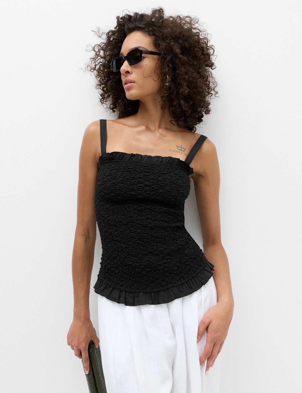 Marks & Spencer M&S Pure Cotton Shirred Ruffle Detail Top Black