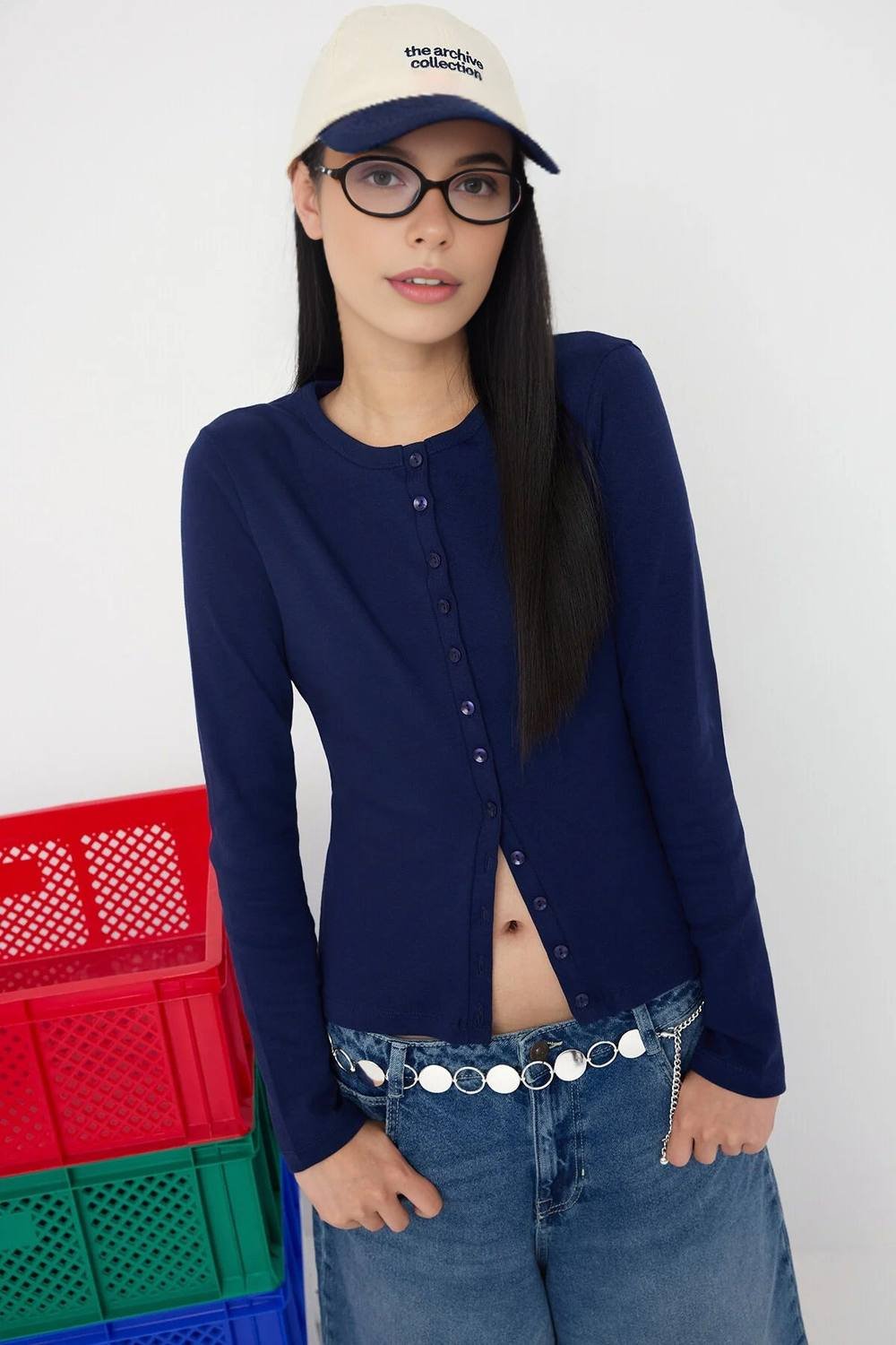 WOVCOR WOVCOR Women's Buttoned Stretch Knit Blouse in Navy - 3