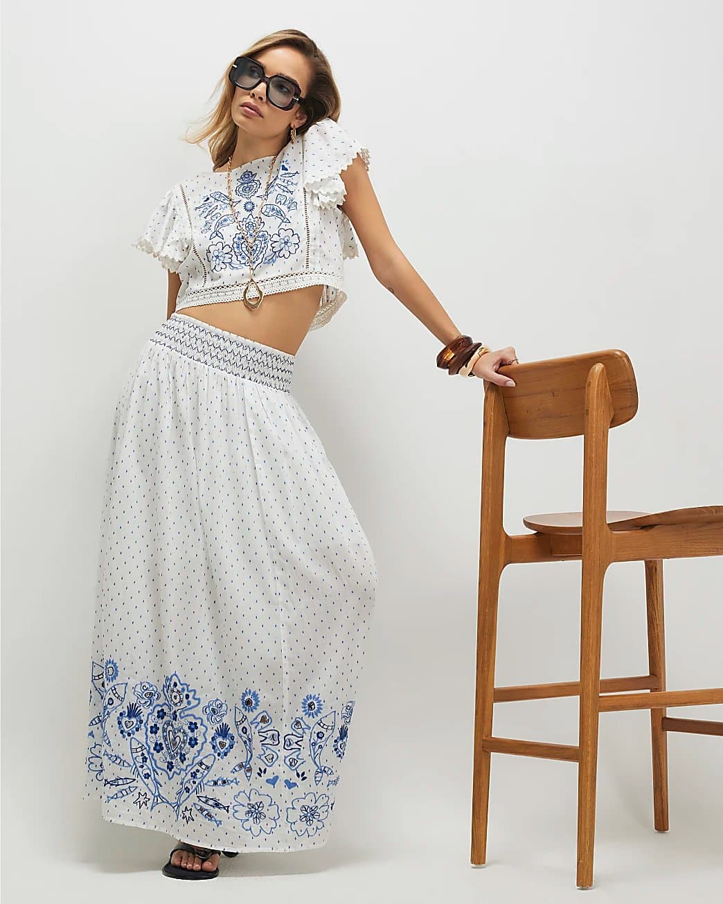 River Island River Island Womens White Cotton Embroidered Spot Maxi Skirt