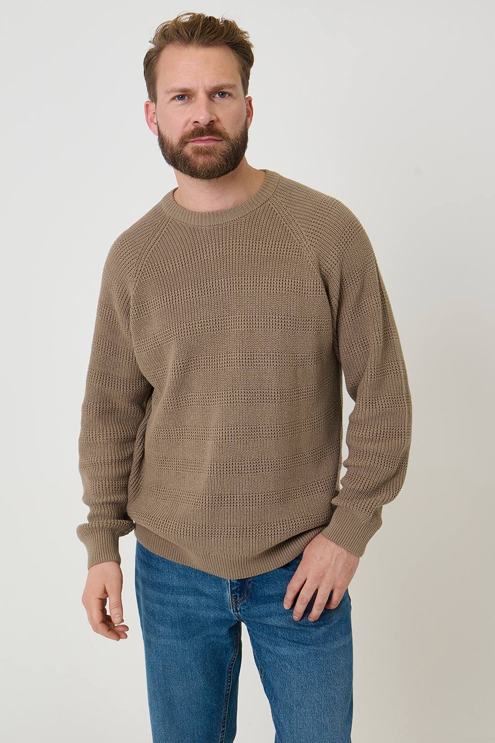Saltwell Saltwell Men's Cotton Crew Neck Raglan Jumper in Taupe - 2