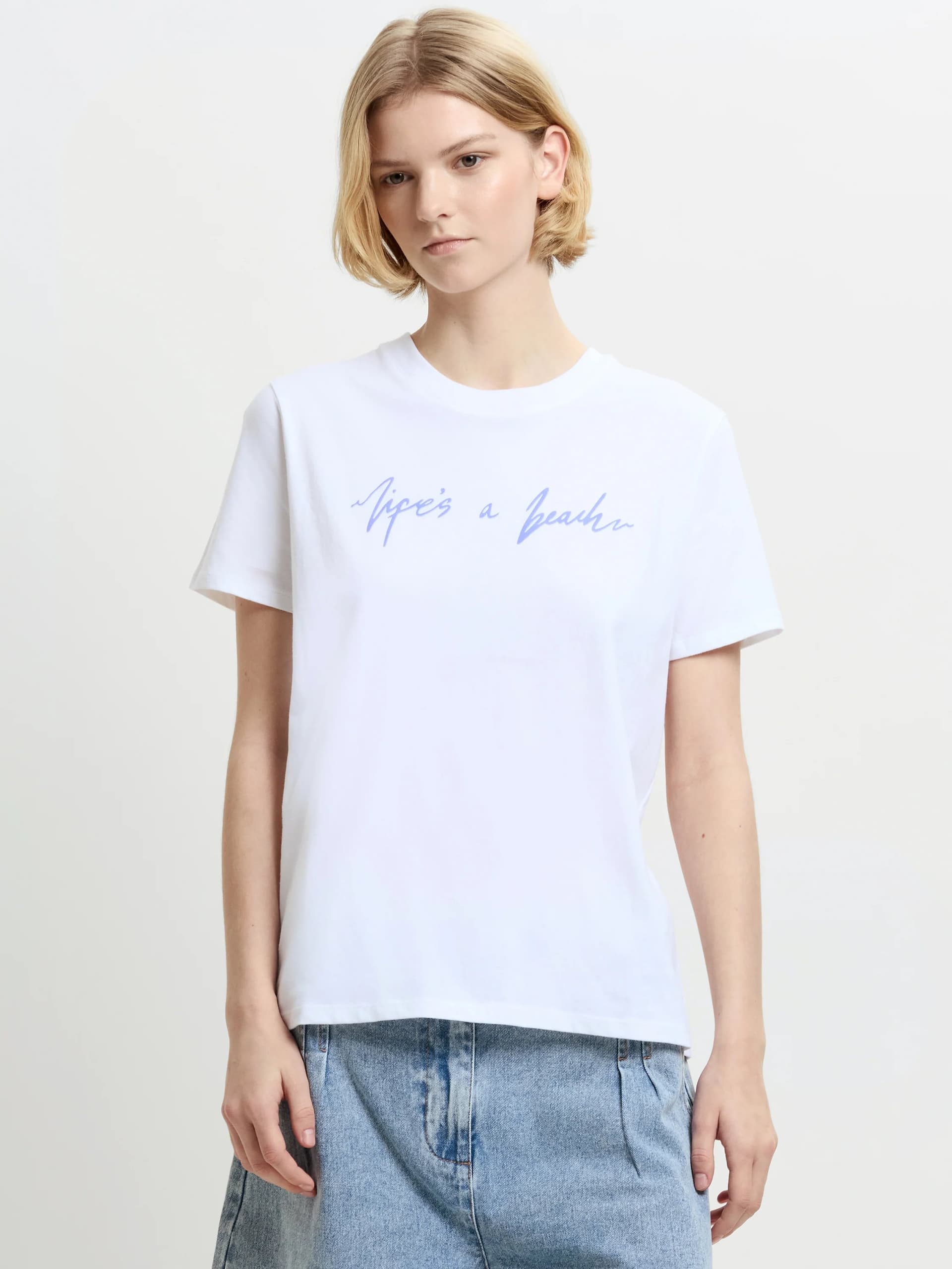 French Connection Life's A Beach White Peached Cotton T-Shirt Linen White/Soft Azure Blue