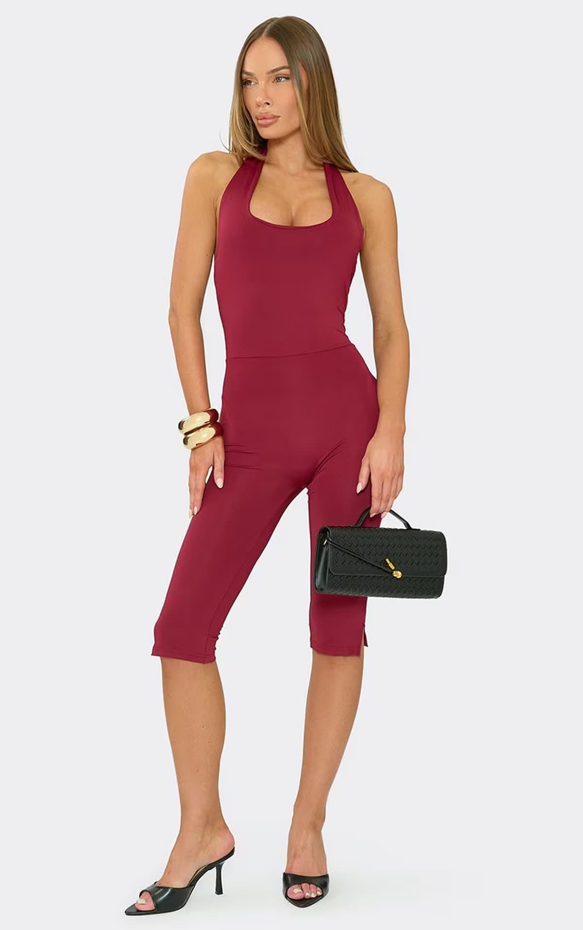EGO Square Neck Line Detail Capri Jumpsuit In Burgundy, Women's Size UK S