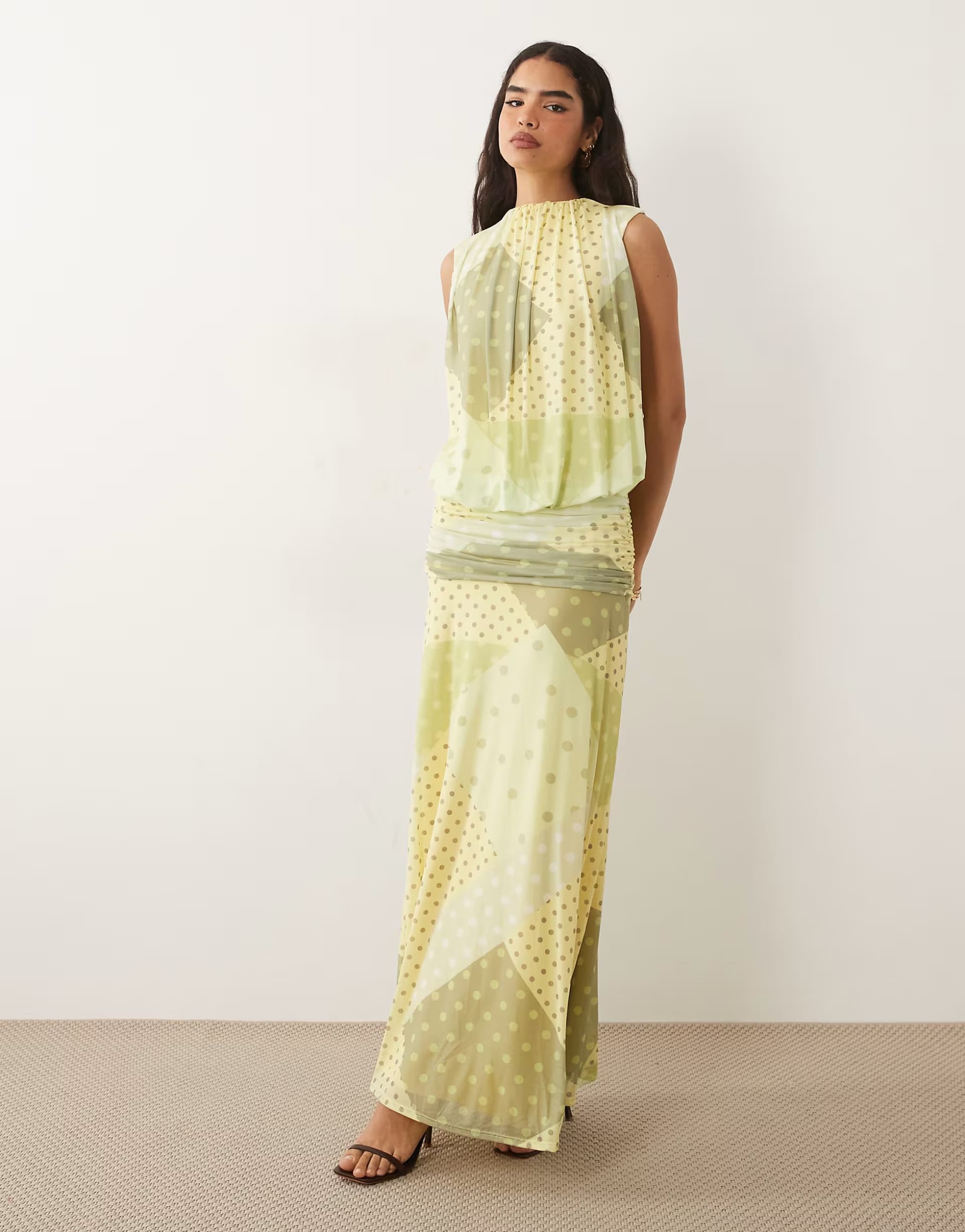 ASOS ASOS DESIGN mesh blouson maxi dress with ruched dropped waist skirt in sage polka dot