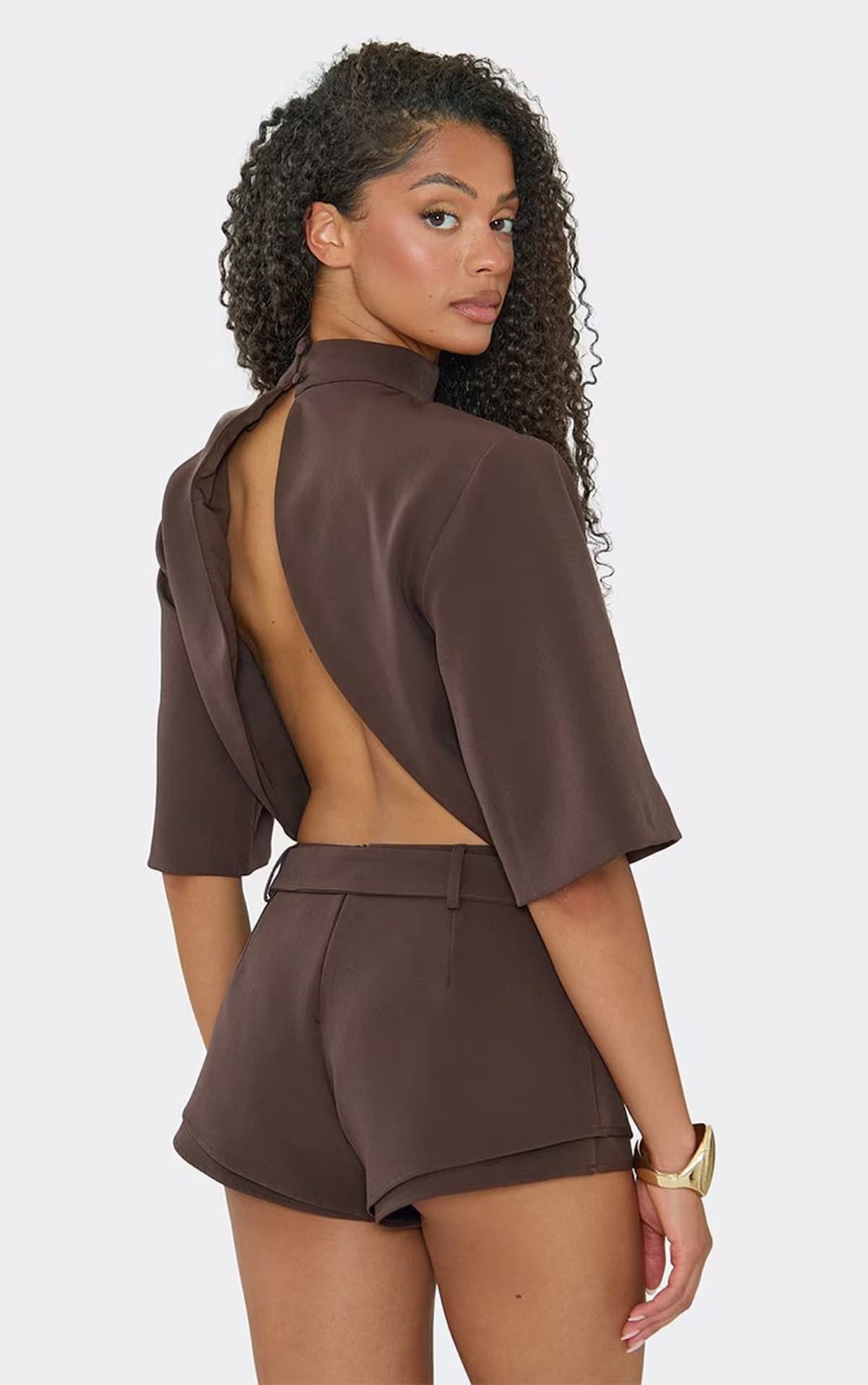 EGO Belted Button Waist Flared Mini Short In Chocolate Brown., Women's Size UK 6